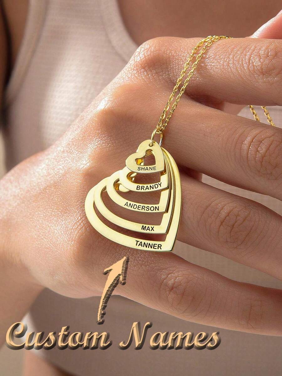 Mother's Name Necklace, Heart Name Pendant, Personalized Family Jewelry - Multicolor - View 1