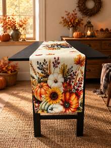 Autumn Harvest Pumpkin Table Runner, Autumn Maple Leaf Sunflower Linen Texture Table Runner, Thanksgiving Harvest Farmhouse Style Dining Room Decor, Suitable For Home Kitchen Party - B - View 6