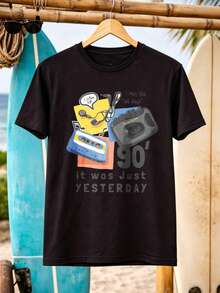 Retro Vintage,% Algodón, Estampado Gráfico de Boombox y Casete de los 90, Camiseta, Atuendo Casual de Playa para Verano, Para Amantes de laúsica Nostálgica - Negro - Ver 2