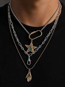 3pcs Niche Design Multi-Layer Stackable Necklace Set, Vintage Pentagram Gemstone Palm Pendant, Suitable For Daily Wear And Holiday Gifts - Color Mixing - View 8