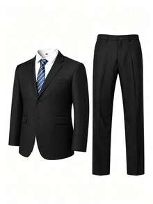 Plus Size Men's Solid Color Lapel Neck Long Sleeve Jacket And Pants Set Wedding Suit - Black - View 9