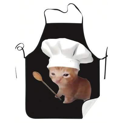 1 pieza Delantal negro con lindo patrón de gato chef naranja, delantal rectangular de poliéster estilo de dibujos animados, adecuado para cocina diaria en el hogar, hornear, asar, tareas del hogar, trabajo en restaurante y cenas familiares en días festivos