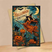 1 Greeting Card + 1 Envelope Mystical Halloween Greeting Card, Witch Flying On Broomstick "Halloween Greetings", Perfect For Friends, Spooky Autumn Vintage Art Style. - View 12