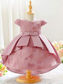 Baby Girls Round Neck Sequin Embroidered Satin Cute Flower Girl Birthday Train Dress Suitable For Party, Fabric Pattern Randomly Cut, Headband Not Included - Dusty Pink - View 7