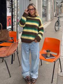 Women Fuzzy Multicolor Striped Crew Neck Sweater, Drop‑Shoulder Long Sleeve Oversized Loose Knit Pullover, Casual Fall Daily Top Vacation - Multicolor - View 3