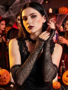1 par de mangas largas sin dedos de malla de telaraña gótica para mujer, colores negro, naranja y púrpura, guantes de cosplay de bruja de Halloween, accesorios de disfraz de estilo punk oscuro para fiesta, bar, carnaval y atuendo de temática de terror - Guantes de Halloween - Ver 2