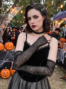 1 par de mangas largas sin dedos de malla de telaraña gótica para mujer, colores negro, naranja y púrpura, guantes de cosplay de bruja de Halloween, accesorios de disfraz de estilo punk oscuro para fiesta, bar, carnaval y atuendo de temática de terror - Guantes de Halloween - Ver 7