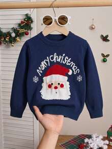 Young Boy Round Neck Letter Cartoon Pattern Casual Versatile Daily Wear Long Sleeve Sweater - Navy Blue - View 1