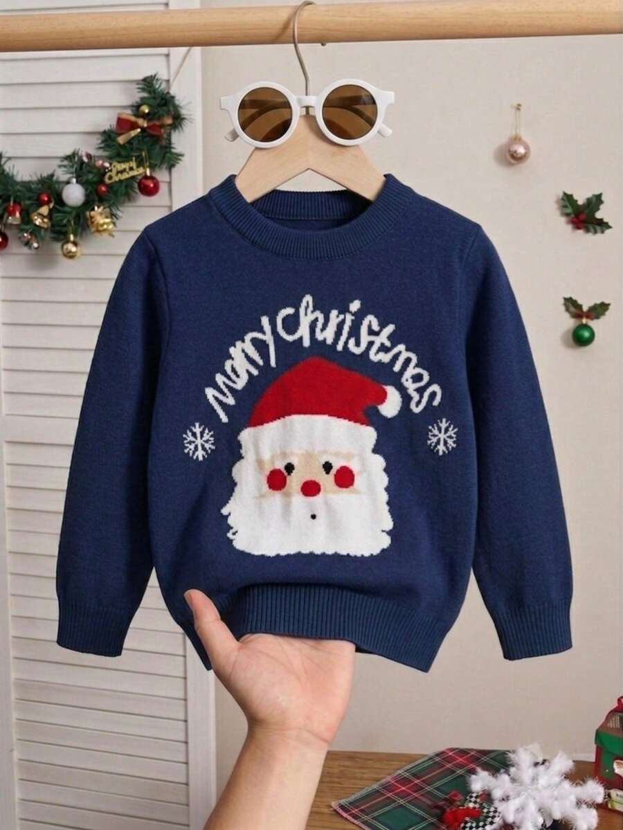Young Boy Round Neck Letter Cartoon Pattern Casual Versatile Daily Wear Long Sleeve Sweater - Navy Blue - View 1