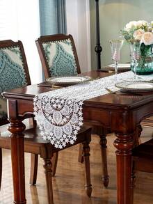 1pc Peacock Feather Shaped Table Runner, Modern Minimalist White Polyester Thread Oval Fully Water-Soluble 3D Hollow Lace Trim Table Runner, Suitable For Daily Use, Wedding, Living Room, Dining Room, Coffee Table, Dining Table, Furniture, Etc. - White - View 5