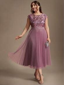 EVERPRETTY 灰色-粉色大尺碼新娘母親中長洋裝，花卉亮片上身，短袖，百褶薄紗裙擺，適合正式婚禮 - 藕粉色 - 查看 7