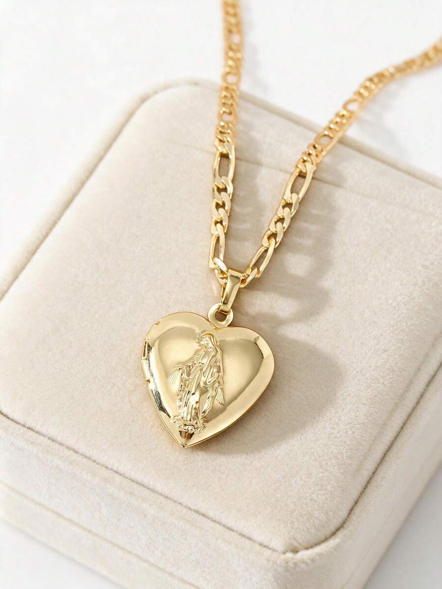 1pc 14K Gold Plated Copper Heart-Shaped Openable Pendant Necklace, Embossed Sacred Heart Pendant With Classic Figaro Chain, Suitable For Christmas/Thanksgiving/Halloween/Mother's Day/Valentine's Day Couples/Friends/Fellow Believers Gift, Catholic First Communion, Gift, Daily And Holiday Wear Prayer