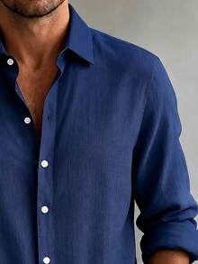Autumn Casual Fashion Men's Plus Size Loose Long Sleeve Button-Up Shirt - Navy Blue - View 5