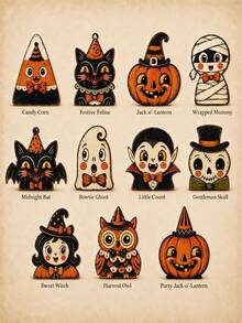 6pcs Vintage Halloween Indoor Decor, Retro Wooden Block Bookshelf Decorations, Cute Ghost, Pumpkin, Black Cat, Skeleton, Witch Owl, Housewarming Gift - Multicolor - View 3