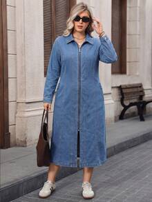 Traceable Cotton Women's Plus Size Long Light Blue Zipper Elegant Denim Dress Casual - Light Wash - View 4