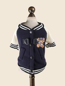 PETCIRCLE 1件裝寵物衣服 小狗幼犬可愛寵物秋冬款 便攜旅行可連接牽繩寵物夾克熊圖案棒球襯衫 - 海軍藍 - 彩色 - 查看 7