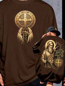 CAMISETA RELIGIOSA MEDALIA ANJO CSPB A CRUZ SAGRADA SEJA MINHA LUZ UNISSEX 100% ALGODÃO PREMIUM - Marrom - Visão 2