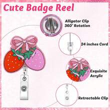 1pc Shiny Strawberry ID Badge Clip Retractable Badge Reel, Nurse Badge Holder With Rotating Clip, Work Badge Buddy Retractable Buckle, Teacher Office ID Card Lanyard With Silicone Beads, Anti-Drop Key & Badge Holder, Suitable For Healthcare Workers, Office Workers, Women's Office & Shopping - Casual Style - View 4