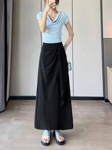 Women's Casual Woven Long Slit Skirt, Zipper Design, Non-Stretch Non-Sheer, Suitable For Daily Wear. - Black - View 3