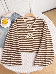 Lurzo Girls' Autumn/Winter Casual Colorblock Striped Bow V-Neck Flared Sleeve Crop Top, Unique Soft Striped Fabric, Suitable For Daily School And Gatherings - Brown - View 3