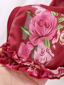 2pcs Sexy Lingerie Sleepwear Set, Includes Matching Thong, Exquisite Ruffle Hem, Vibrant Floral Pattern - Burgundy - View 3