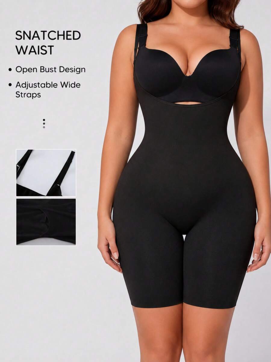 Suprenx Đồ định hình bodysuit hở ngực cho nữ size lớn, quần shorts tập eo kiểm soát bụng, quần shorts định hình đùi giữa giúp thon gọn - màu đen - Xem 1