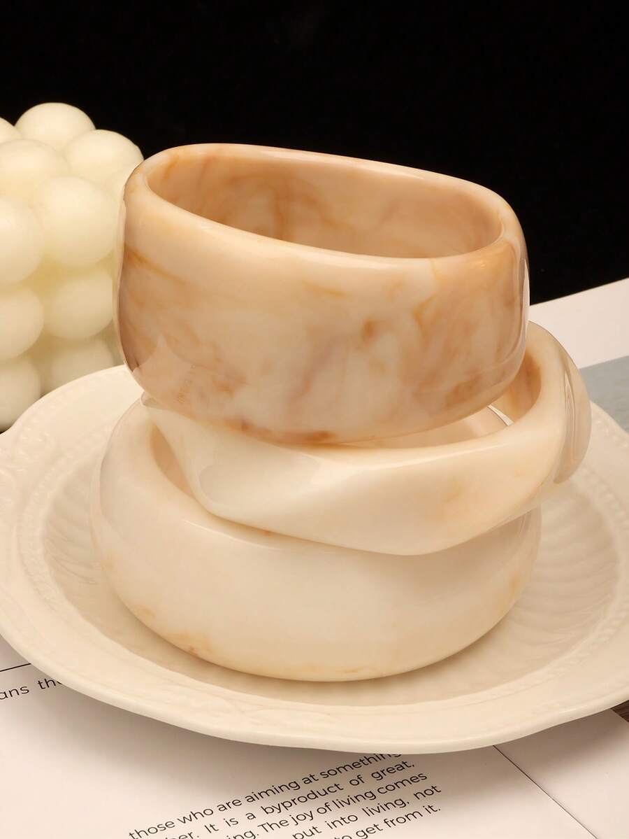 3pcs/Set Autumn/Winter Vintage Semi-Transparent Gradient Resin Bangles, Ins Style Asymmetrical Wide Face Bracelets - Beige - View 1
