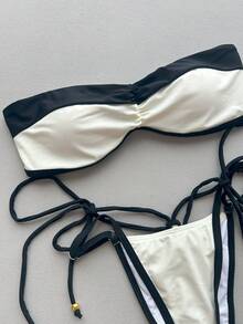 Bikinx Women's Fashion Bandeau Bikini Set, Backless Design, Side Tie Bottom, High Elasticity Fabric Vacation Beach Summer - Black and White - View 6