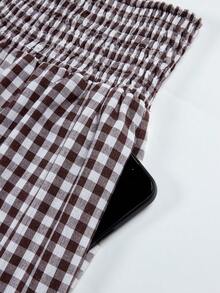 UREREM Women's Fashion Brown Plaid Pleated Waist Woven Fabric Wide Leg Long Pants - Coffee Brown - View 7