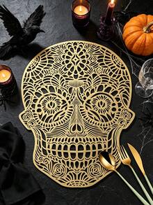 1/4/6 piezas Manteles individuales de PVC con calavera de Halloween y lámina dorada, decoración de hotel y restaurante, resistentes al calor y antideslizantes, manteles de estilo occidental para bodas, fiestas, Halloween, festival de cosecha de otoño, celebraciones festivas, picnics, camping, banquetes de cumpleaños, decoración de mesa de comedor - Multicolor - Ver 7