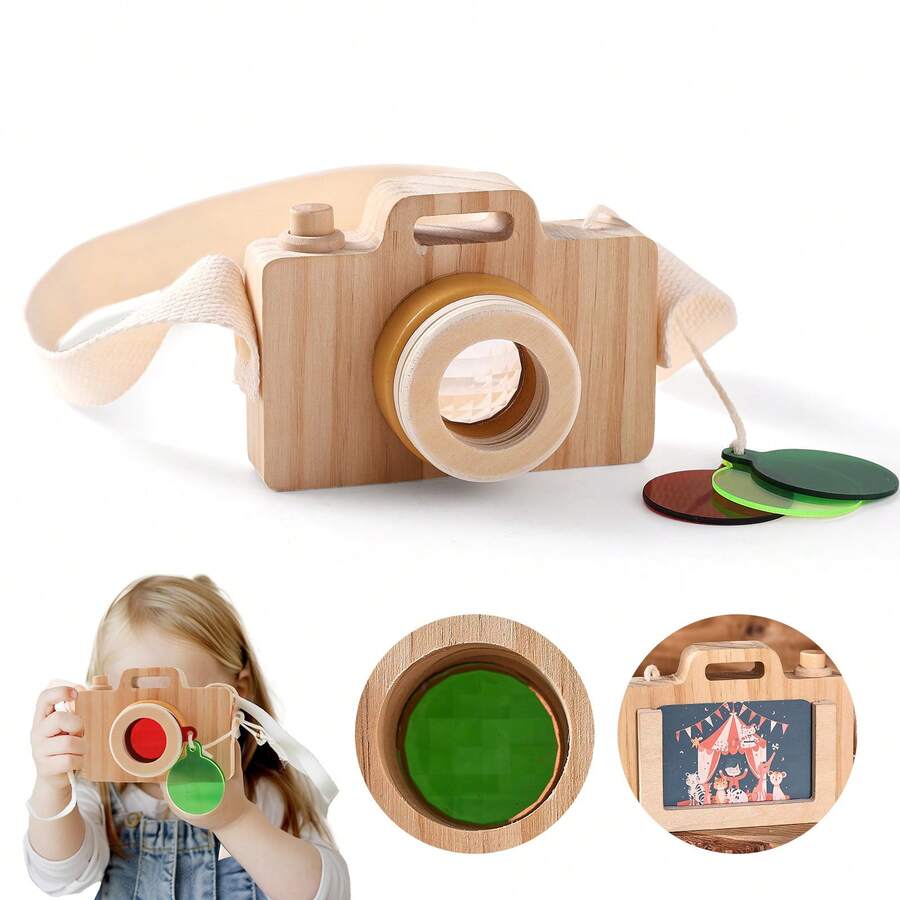Wooden Simulated Card-Insert Camera Kaleidoscope Toy, Card-Insert Toy With Interchangeable Lens Color And Image, Baby Educational Toy For Fine Motor Skills, Christmas Halloween Children's Day Back To School Gift