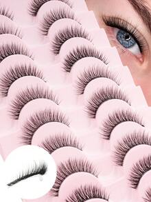 10 Pairs Short 6-7mm Natural Transparent Stem 3D Curly Comfortable Full Strip False Eyelashes, Suitable For Women's Daily Wear, Date, Vacation, Work Makeup - 自然短款 - 查看 1