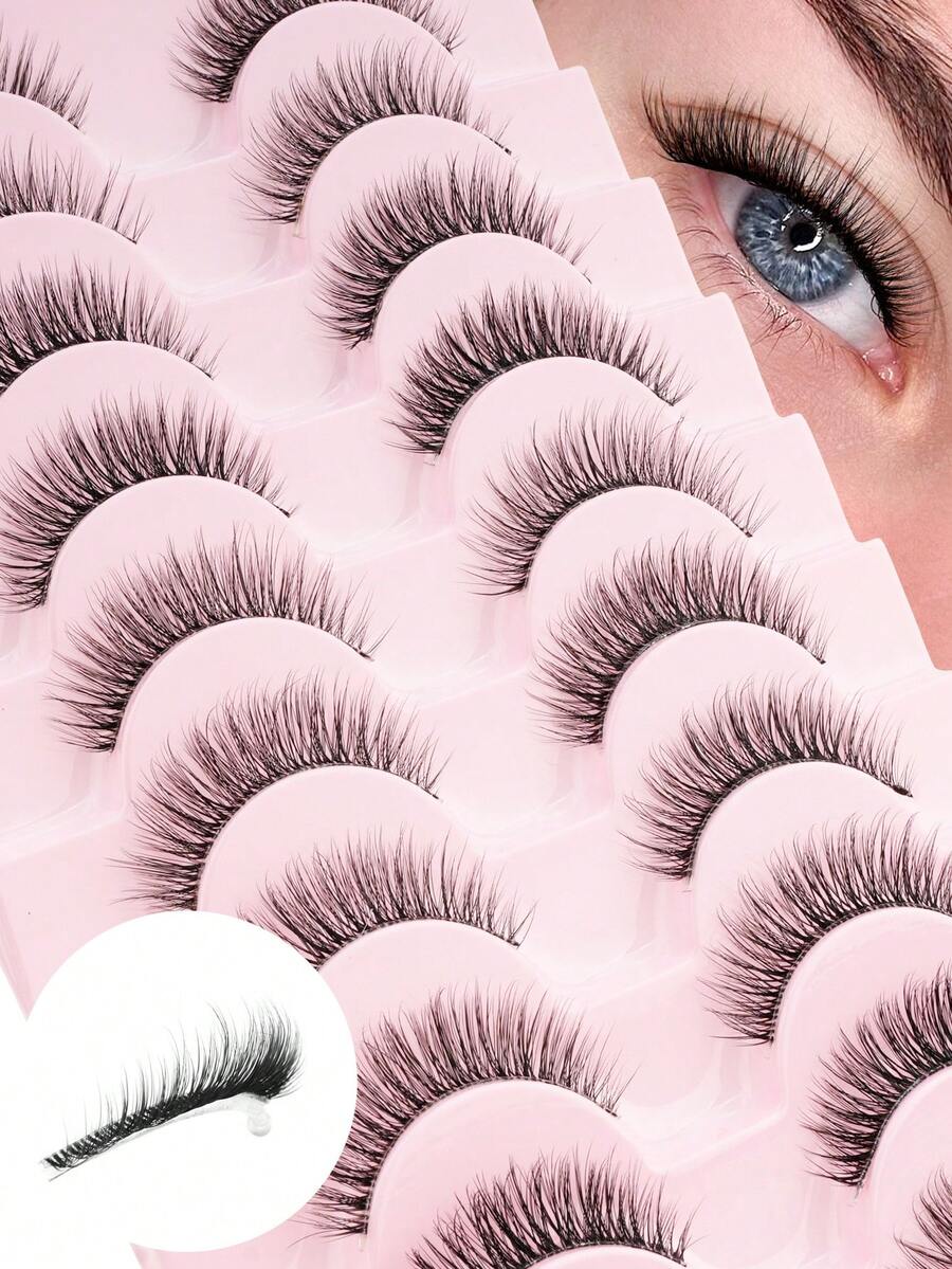 10 Pairs Short 6-7mm Natural Transparent Stem 3D Curly Comfortable Full Strip False Eyelashes, Suitable For Women's Daily Wear, Date, Vacation, Work Makeup - 自然短款 - 查看 1
