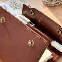 Vintage Dark Brown Triple Fold M5 5-Hole Loose-Leaf Binder Cover, Multi Pocket PU Leather Journal Planner With Refillable Inner Pages, Learning Supplies, Back To School Supplies, Portable Mini Hand Account Notebook For Students - A - View 2