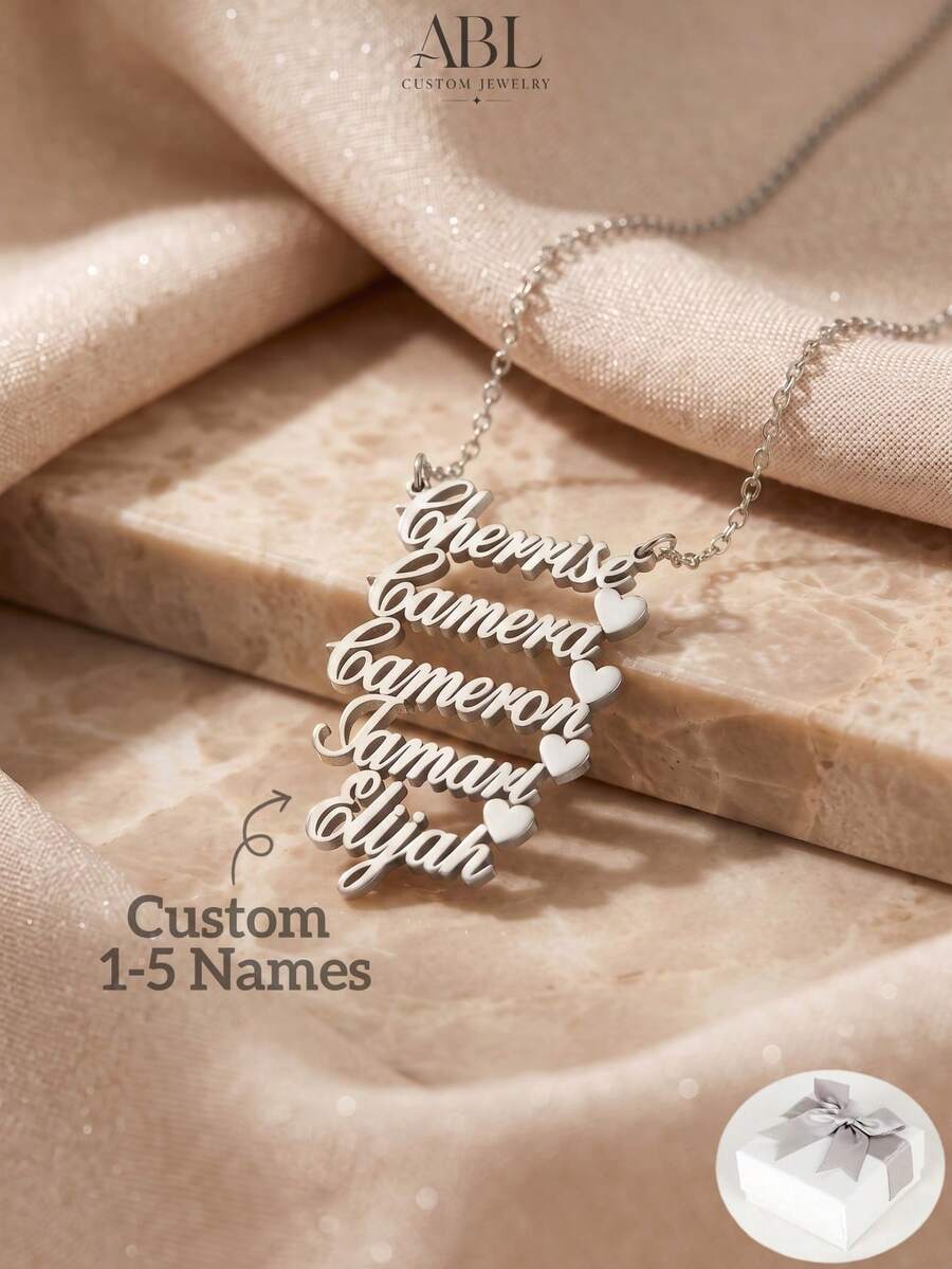 Custom Stainless Steel 1-5 Surname Necklace, Letter And Heart Pendant Nameplate, Birthday Gift, Valentine's Day, Mother's Day, Matte Finish, Anniversary Gift - Silver - View 1