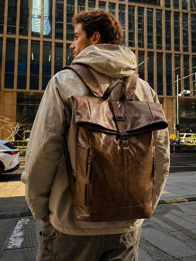 Men's Fashion Solid Color Backpack With Adjustable Shoulder Straps, Flap And Zipper Closure, Expandable, Minimalist Vintage Design, Large Capacity, Lightweight, Waterproof, Multi-Functional PU Flap Backpack For Daily Use, Business Travel, Fitness, Hiking, Outdoor Leisure, Suitable For Middle School, High School, College Students, Gift For Dad, Boyfriend, Vacation, Peach Tree