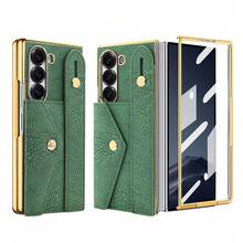VIETAO 電鍍人造皮革手機殼，附腕帶、卡槽、支架，相容 Galaxy Z Fold 4 5 6 7 Fold7，時尚手機殼 - 綠色 - 查看 1