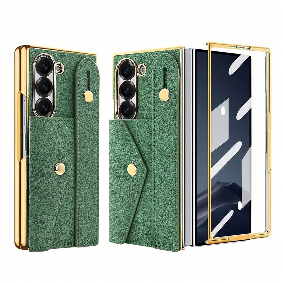 VIETAO 電鍍人造皮革手機殼,附腕帶、卡槽、支架,相容 Galaxy Z Fold 4 5 6 7 Fold7,時尚手機殼 - 綠色 - 查看 1