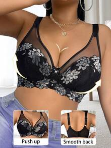 1pc Plus Size Lace Patchwork Wireless Seamless Bra, Suitable For Daily Wear In Various Occasions - Black - View 5
