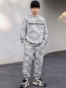 Teenager Spring/Autumn Knit 2 Pieces Set, Grey Geometric All-Over Print Letter Crew Neck Sweatshirt, Loose Cuffed Joggers - Grey - View 3