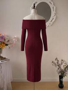 Old Money Style Off‑Shoulder Ribbed Knit Midi Sweater Dress, Fold Over Neck Long Sleeve Bodycon Dress, Elegant Burgundy Fall Dresses OOTD - Burgundy - View 5