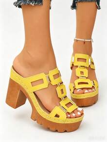Women's High Heel Sandals Metal Buckle Wide Strap Lightweight Comfortable Chunky Heel Casual Commute Slip-On Sandals Slides, Platform Heels - Yellow - View 7