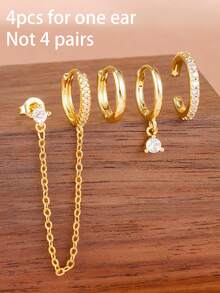 4PCS Classic Geometry Hoop Earrings Set For Women 18K Gold Plated Fashion Tassel Chain Ear Stud Unique C-Shaped Ear Clip Korean Fashion Jewelry - 4PCS-gold - View 4