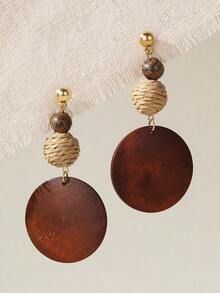 Nocturel 2pcs Brown Wood & Rattan Woven Bead & Disc Dangle Earrings - Multicolor - View 1
