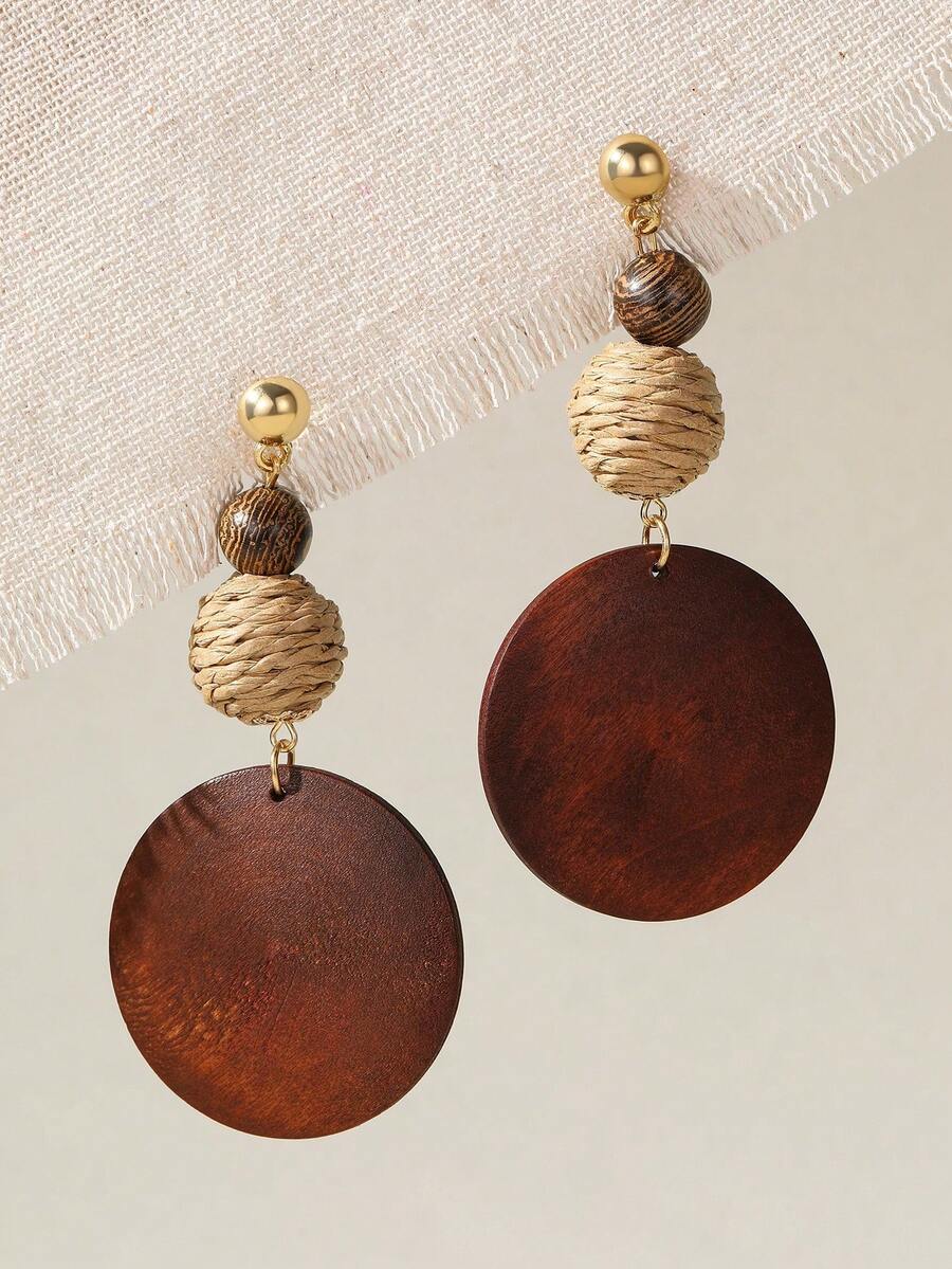 Nocturel 2pcs Brown Wood & Rattan Woven Bead & Disc Dangle Earrings - Multicolor - View 1
