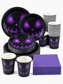 10/24-Piece Disposable Paper Tableware Set,Including 7/9-Inch Paper Plates,Paper Cups, And Napkins,Featuring A Gradient Purple Pumpkin Face Lantern Design.Suitable For Halloween Dark Gothic-Themed Parties,Evening Gatherings,And Festive Decorations - Purple Scary  Face - View 3