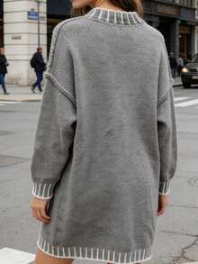 Plus Size Gray Mock Neck Sweater With White Contrast Rib Trim, Plus Size Drop Shoulder Knit Pullover For Fall Winter Layering - Grey - View 5
