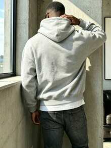 Men's Solid Color Drop Shoulder Long Sleeve Casual Pocket Hoodie, Autumn/Winter - Light Grey - View 6