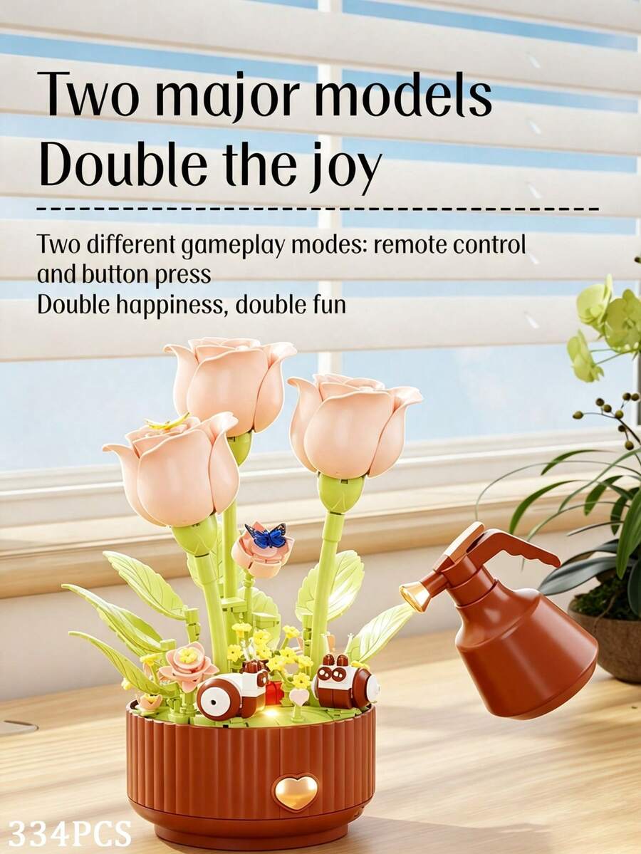 Electric LED Rose Building Kit(334PCS), Realistic Flower Construction Set With Fog Effect, Ambient Light Home Decor, Ideal Valentine's Day ThanksGiving Christmas All Festival /Birthday Gift For Adults Flower Lovers