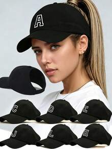 1pc Solid Color Open Back Ponytail Baseball Cap With26 Letters, Women Fashion Sports Sun Hat ForOutdoor UV Protection - Black Label - Black Ponytail Hat - View 1